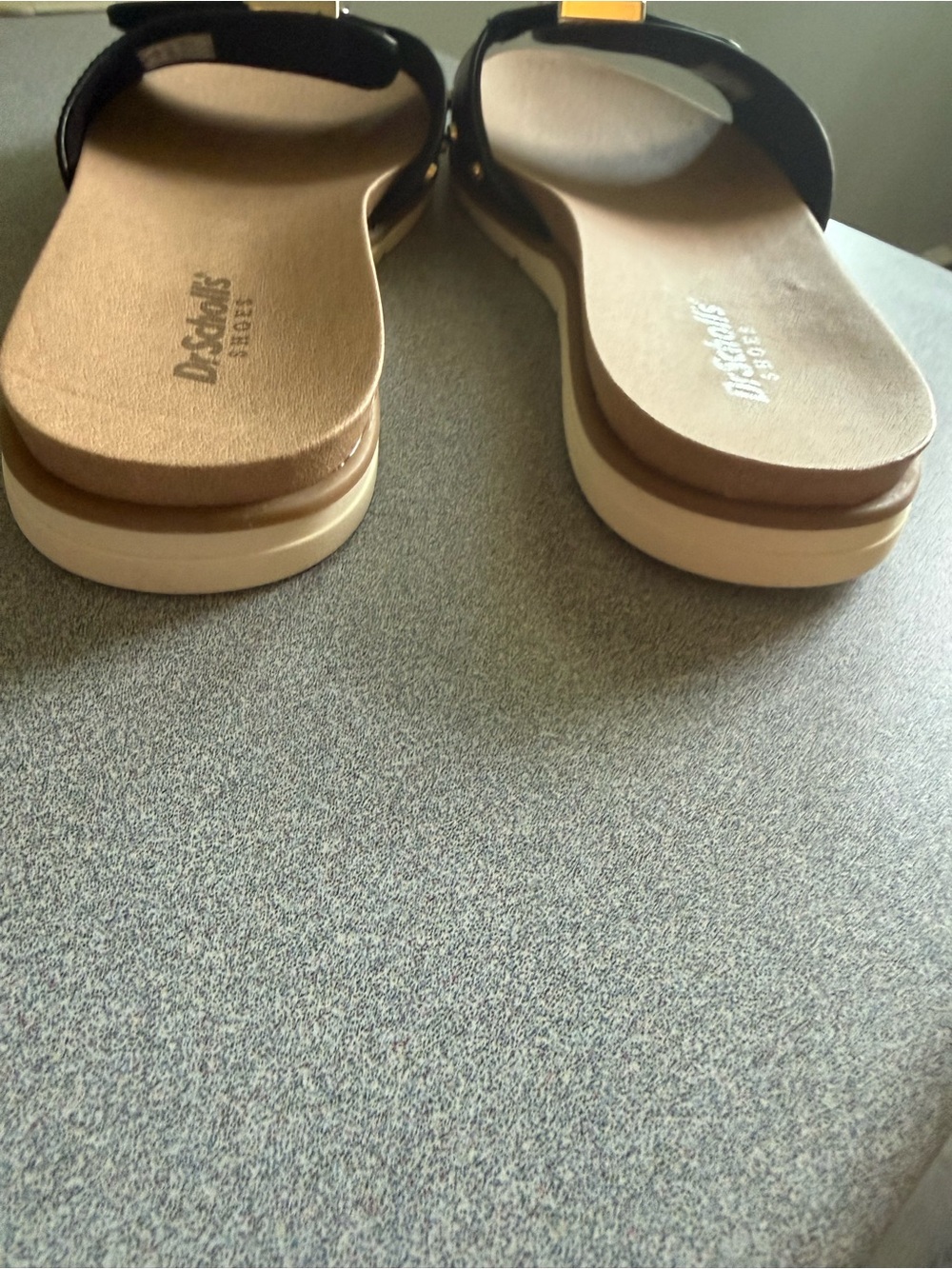 Dr. Scholl's Black Slide Sandals with Tan Footbed and Gold Accents - Picture 6 of 8